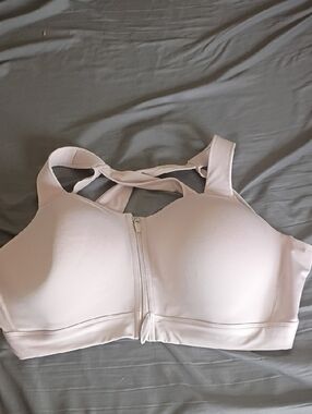 MTA Sport Pale Blush Front-Zip Sports Bra with Crisscross Back